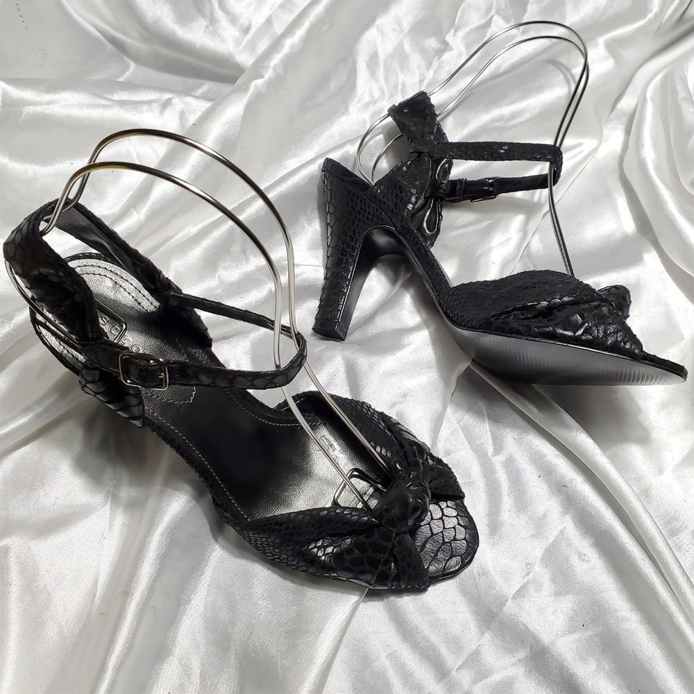 NEW APOSTROPHE black strappy snakeskin print sling back open toe heels MALEK 9 - Picture 3 of 5
